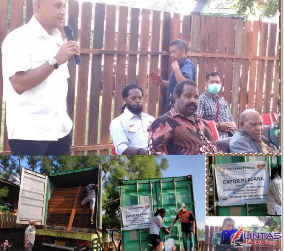N.B.Ket//Foto : Staf Ahli Utama Kantor Presiden Dr. Lenis Kogoya, Mhum, Staf Ahli GUbernurt Papua Paskahlis Netep SH, Manager Operasional PT Lanny Inabua Panus Wenda, Kepala BNN dalam acara ekspor perdana kayu olahan merbau di kampung harapan sentani papua