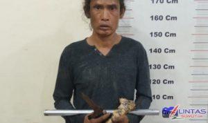 Foto : Adi alias Gondrong (51) warga Dusun I Desa Padang Tualang, Kecamatan Padang Tualang, Kabupaten Langkat, Sumatera Utara (Sumut), yang diamankan petugas Polres Langkat, Sabtu (19/06/2021).